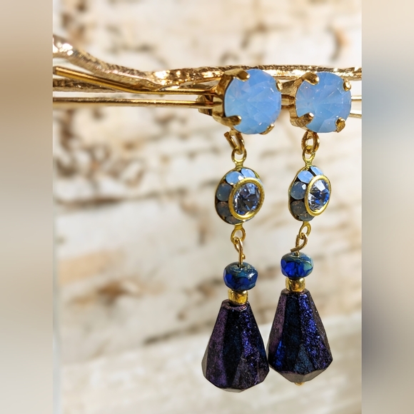 Blue Metallic AB Flower Crystal & Fire Polished Blue Czech Beads Dangle Earrings - Picture 7 of 7